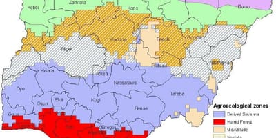 ನಕ್ಷೆ ನೈಜೀರಿಯಾ ತೋರಿಸುವ ಪರಿಸರ ವಲಯಗಳನ್ನು